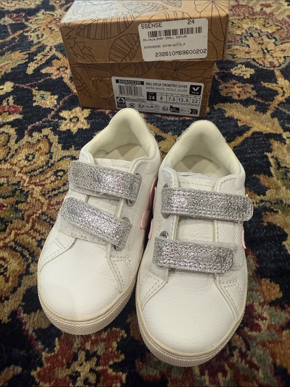 Veja White Kids Sneakers with Silver Glitter Straps